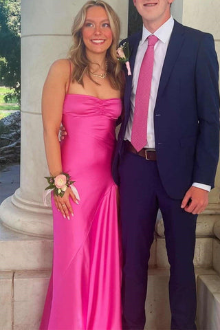 Einfaches langes Ballkleid aus Satin in Gelb mit Spaghettiträgern PSK594