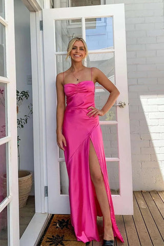 Einfaches langes Ballkleid aus Satin in Gelb mit Spaghettiträgern PSK594
