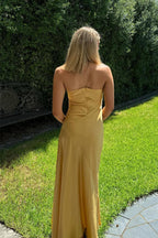 Simple Spaghetti Straps Satin Yellow Long Prom Dress PSK594