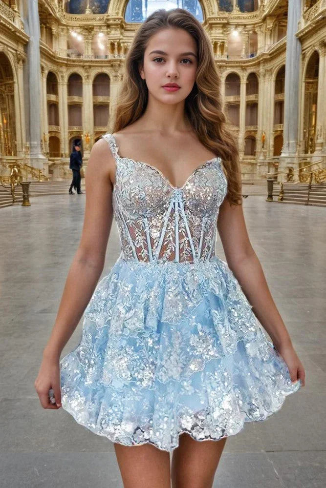 فساتين حفلة التخرج بتصميم A-Line وأشرطة سباغيتي وتطريز الترتر