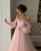 Vestido de festa comprido azul-celeste ombro a ombro elegante PG971