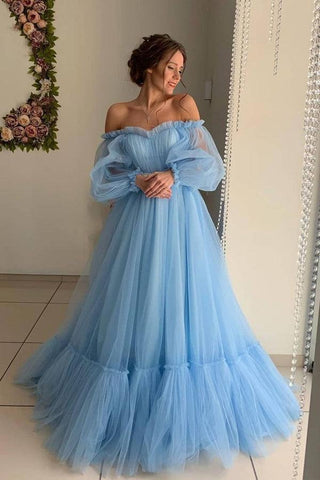 Vestido de festa comprido azul-celeste ombro a ombro elegante PG971