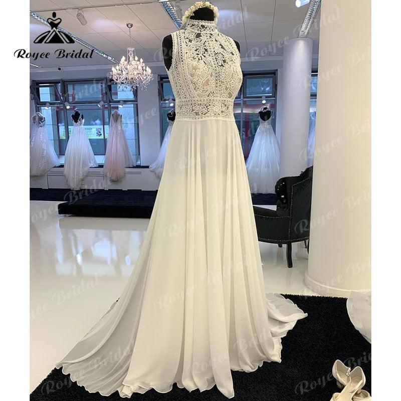 NumberSea Sleeveless A Line Boho Wedding Dress Beach High Neck Lace Bodice Open Back Sweep 2025 Civil Bridal Gown Chiffon vestido de novia