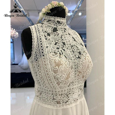 NumberSea Ärmelloses A-Linie Boho Brautkleid Strand High Neck Spitze Mieder Open Back Sweep 2025 Zivil Brautkleid Chiffon vestido de novia 