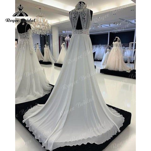 NumberSea Ärmelloses A-Linie Boho Brautkleid Strand High Neck Spitze Mieder Open Back Sweep 2025 Zivil Brautkleid Chiffon vestido de novia 