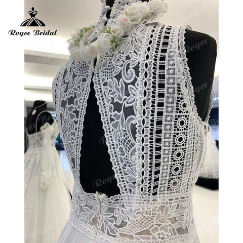 NumberSea Ärmelloses A-Linie Boho Brautkleid Strand High Neck Spitze Mieder Open Back Sweep 2025 Zivil Brautkleid Chiffon vestido de novia 