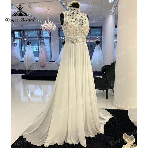 NumberSea Ärmelloses A-Linie Boho Brautkleid Strand High Neck Spitze Mieder Open Back Sweep 2025 Zivil Brautkleid Chiffon vestido de novia 