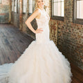 Ärmellose Spitze Open Back Organza Elfenbein Rüschen Meerjungfrau Brautkleider, WD0087