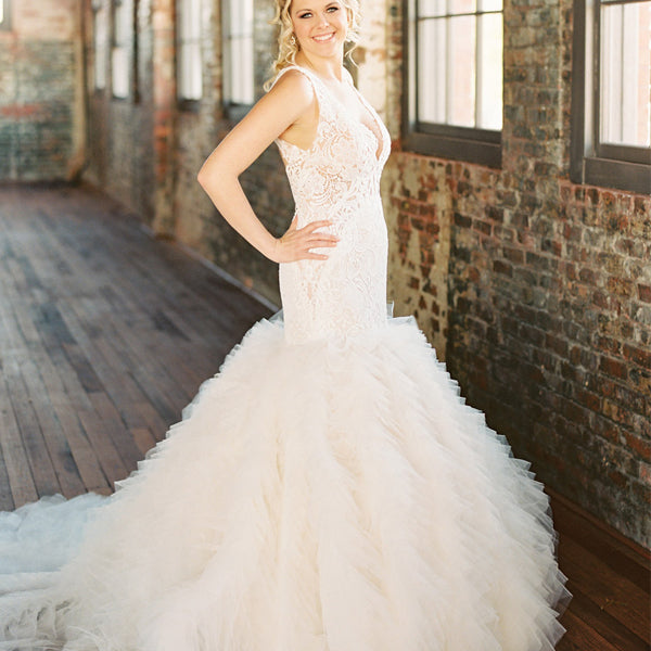 Ärmellose Spitze Open Back Organza Elfenbein Rüschen Meerjungfrau Brautkleider, WD0087