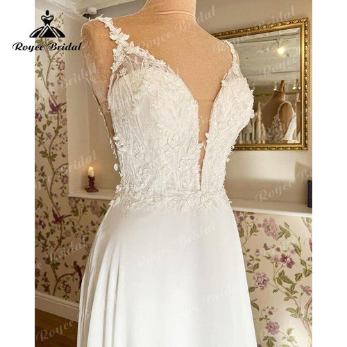 Vestito da Sposa da Spiaggia con Spaghettini NumberSea Scollatura a V Profonda con Appliqué di Pizzo Chiffon Abito da Sposa a Linea A Stile Vintage Vestido De Novia NumberSea
