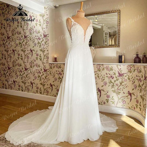 NumberSea Spaghettiträger Strandhochzeitskleid Tiefem V-Ausschnitt Spitzenapplikation Chiffon A-Linie Brautkleider Vintage Vestido De Novia NumberSea