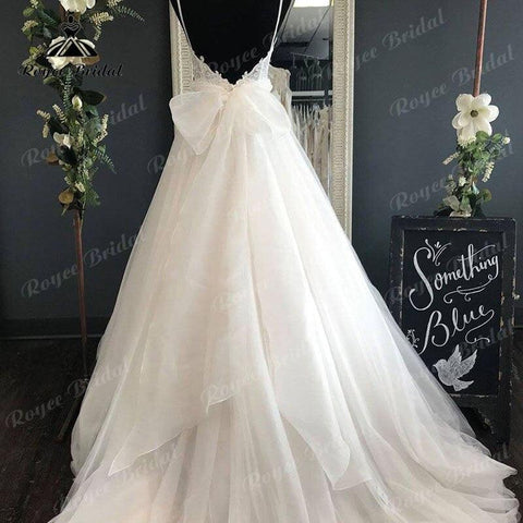 Spaghettiträger Brautkleid mit abnehmbarer Schleife V-Ausschnitt Spitzenmieder 2022 Rückenfrei Bestidos de Novia Elegante Braut Boho Braut