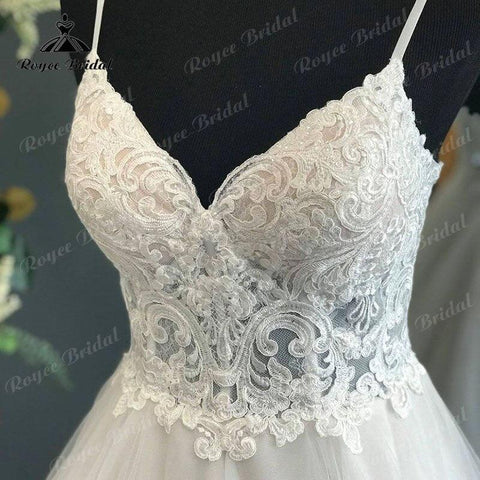 Spaghettiträger Brautkleid mit abnehmbarer Schleife V-Ausschnitt Spitzenmieder 2022 Rückenfrei Bestidos de Novia Elegante Braut Boho Braut