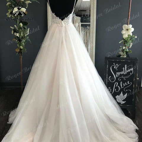 Spaghettiträger Brautkleid mit abnehmbarer Schleife V-Ausschnitt Spitzenmieder 2022 Rückenfrei Bestidos de Novia Elegante Braut Boho Braut
