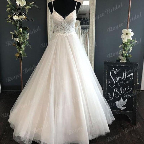 Spaghettiträger Brautkleid mit abnehmbarer Schleife V-Ausschnitt Spitzenmieder 2022 Rückenfrei Bestidos de Novia Elegante Braut Boho Braut