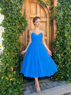 Spaghettiträger-Süßherz-Midi-Abschlussballkleid SYP186