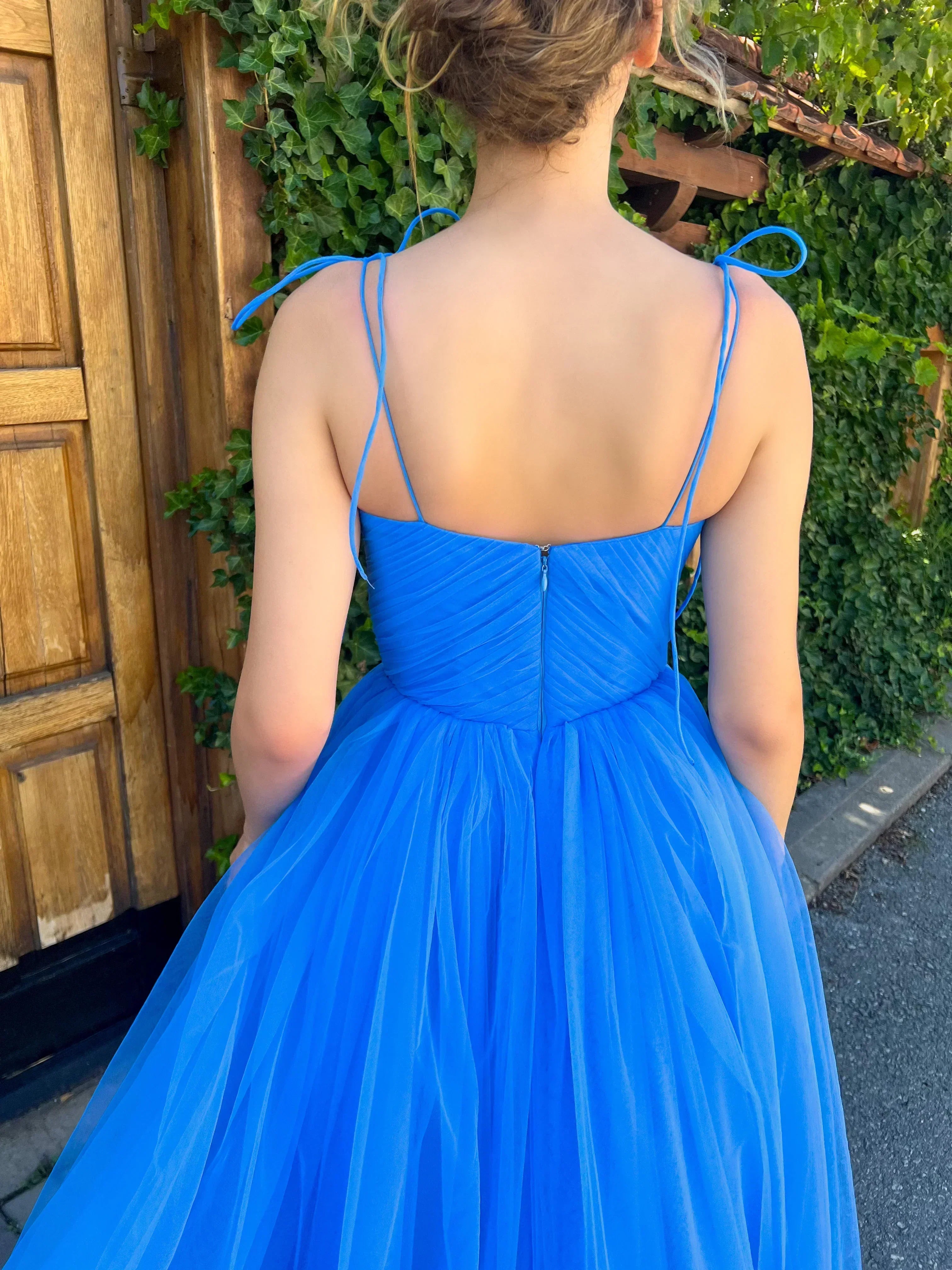 Spaghettiträger-Süßherz-Midi-Abschlussballkleid SYP186