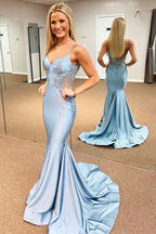 Spaghetti Mermaid Backless Strap Blue Long Prom Dress PSK648