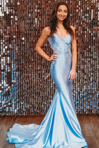 Spaghetti Mermaid Backless Strap Blue Long Prom Dress PSK648