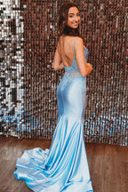 Spaghetti Mermaid Backless Strap Blue Long Prom Dress PSK648