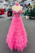 Langes Ballkleid in Pink mit Spaghettiträgern und Perlen PSK578