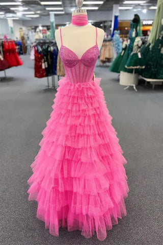 Vestido de festa comprido rosa choque com alças finas e missangas PSK578
