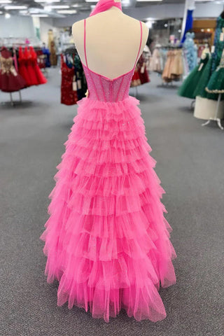 Vestido de festa comprido rosa choque com alças finas e missangas PSK578