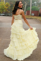 Spaghetti Straps A-Line Layered Yellow Prom Dress with Slit PSK616