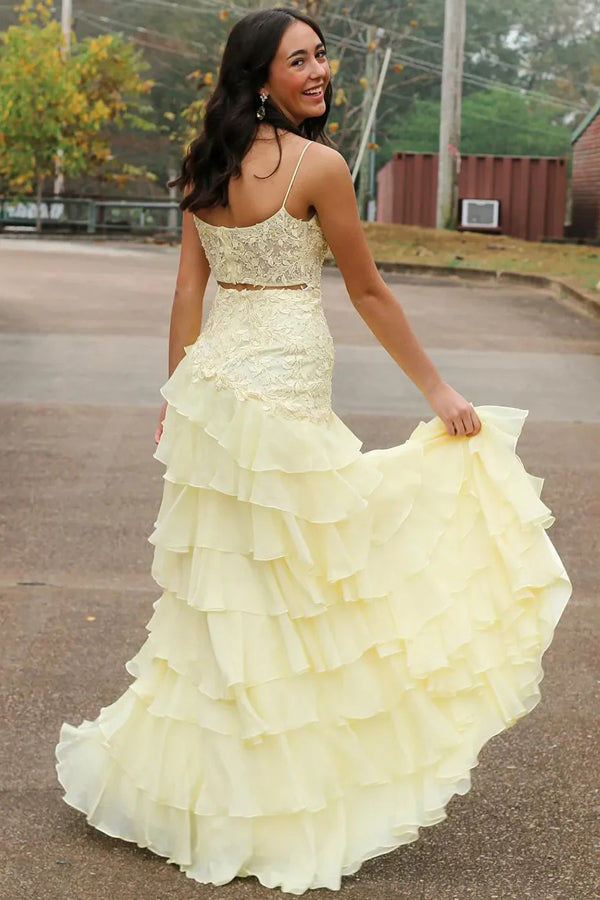 Spaghetti Straps A-Line Layered Yellow Prom Dress with Slit PSK616