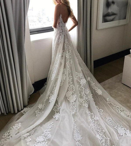 Vestido de noiva estilo praia com alças finas NumberSea, vestido de noiva estilo boho com aplicações de renda, MW340