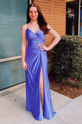 Robe de bal pourpre à dos corseté avec bretelles spaghetti gainées et fente PSK477