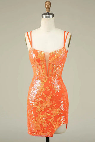 Spaghettiträger, enges orangefarbenes Homecoming-Kleid, kurzes Ballkleid PD525