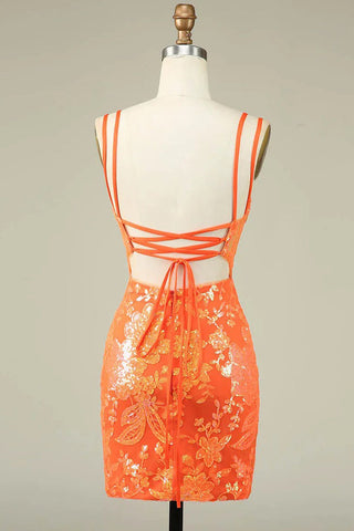 Spaghettiträger, enges orangefarbenes Homecoming-Kleid, kurzes Ballkleid PD525