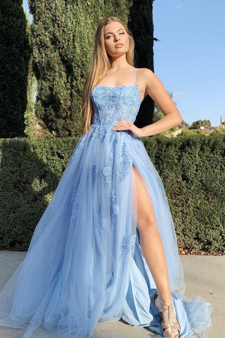 Vestido de festa comprido azul claro com alças finas e aplicações PSK176