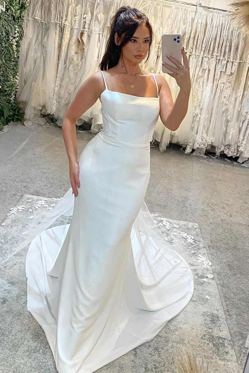 Spaghettiträger-Spitzen-Beach-Mermaid-Hofzug-Hochzeitskleid