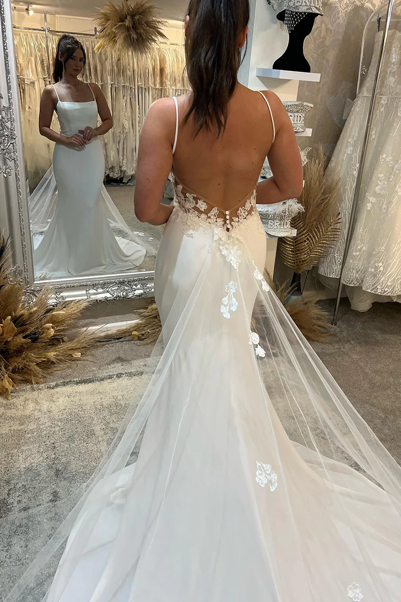 Spaghettiträger-Spitzen-Beach-Mermaid-Hofzug-Hochzeitskleid