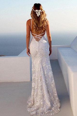 Straps Mermaid Prom Dress V Neck Formal Party Dress with Appliques  PSK089