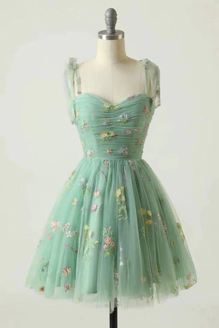 Spaghettiträger, ärmellos, A-Linie, Tüll, Blumenmuster, kurzes Homecoming-Kleid, PD485
