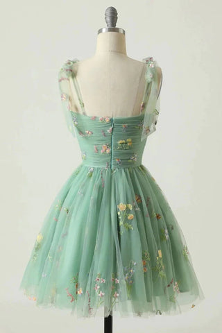Spaghettiträger, ärmellos, A-Linie, Tüll, Blumenmuster, kurzes Homecoming-Kleid, PD485
