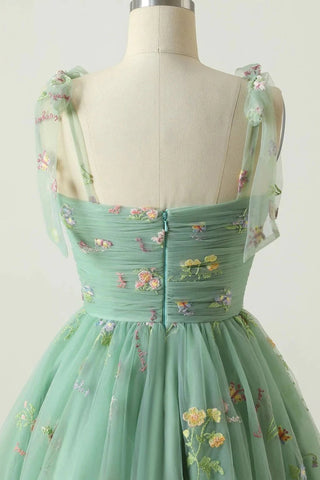 Spaghettiträger, ärmellos, A-Linie, Tüll, Blumenmuster, kurzes Homecoming-Kleid, PD485
