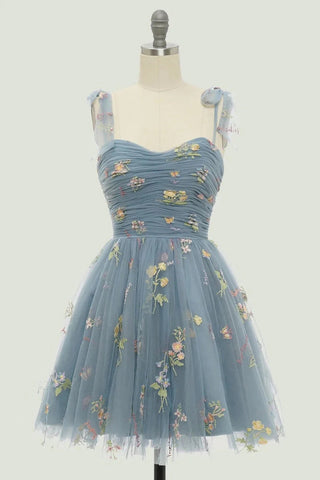 Spaghettiträger, ärmellos, A-Linie, Tüll, Blumenmuster, kurzes Homecoming-Kleid, PD485