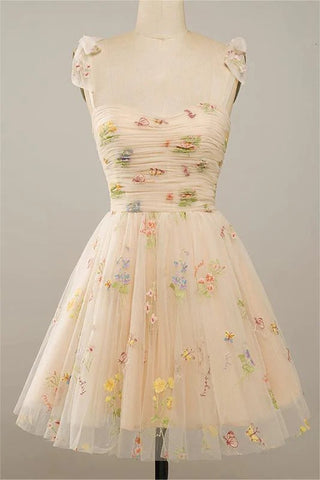 Spaghettiträger, ärmellos, A-Linie, Tüll, Blumenmuster, kurzes Homecoming-Kleid, PD485