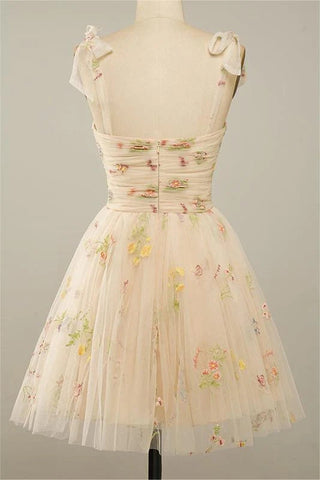 Spaghettiträger, ärmellos, A-Linie, Tüll, Blumenmuster, kurzes Homecoming-Kleid, PD485
