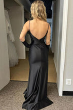 Spaghetti Straps Slit Mermaid Satin Pleated Black Prom Dress PSK711