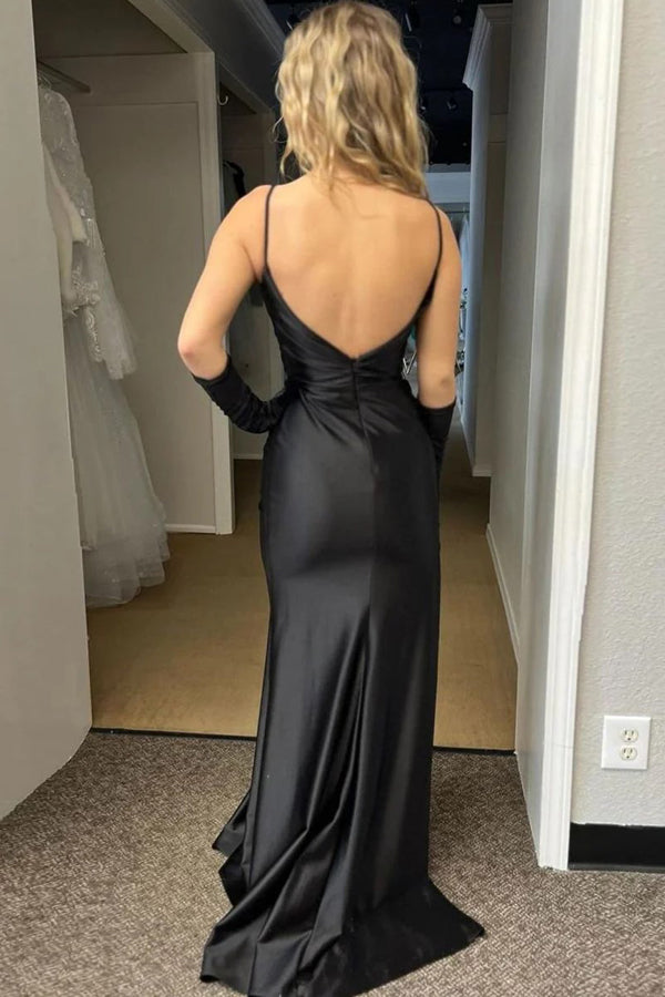 Spaghetti Straps Slit Mermaid Satin Pleated Black Prom Dress PSK711