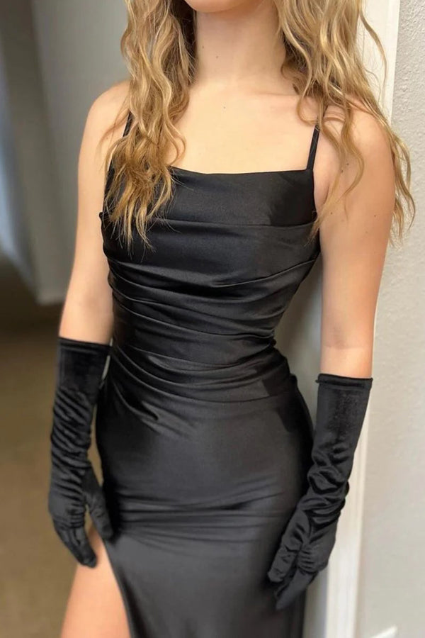Spaghetti Straps Slit Mermaid Satin Pleated Black Prom Dress PSK711