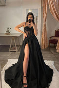 Spaghetti Straps Thigh Split Lace Appliques Black Prom Dress PSK359