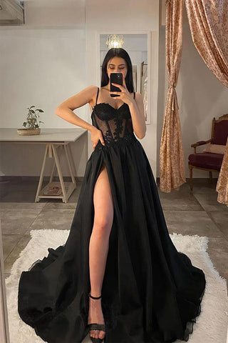 Spaghetti Straps Thigh Split Lace Appliques Black Prom Dress PSK359