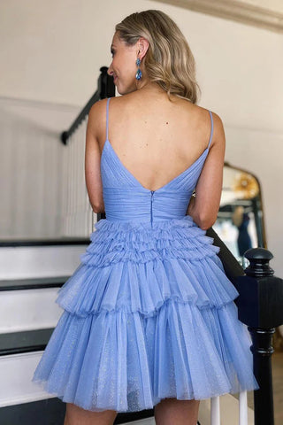 Spaghettiträger, V-Ausschnitt, A-Linie, Tüll, Mini-Heimkehrkleid PD488