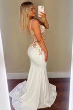 Spaghetti Straps V-Neck Appliques Mermaid White Prom Dress PSK620